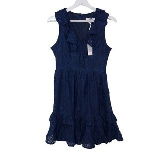 Francesca's Sleeveless V Neck Ruffle Lace Dress Blue